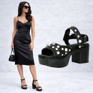 Gianni Bini Zoeyy Platform Sandals 7.5 Black Pearl Rhinestone Quilted Toe W